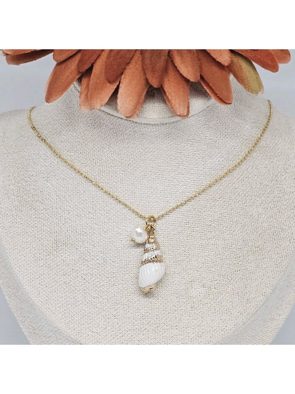 CAROLINA BENOIT Shell Pearl Charm Pendant Necklace Gold Chain Coastal Jewelry